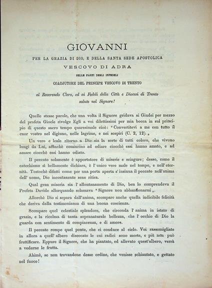 Giovanni per la grazia di Dio e della Santa Sede apostolica vescovo di Adra nelle parti degli infedeli coadjutore del principe vescovo di Trento: al venerabile clero ed ai fedeli della città e diocesi di Trento salute nel Signore! - copertina