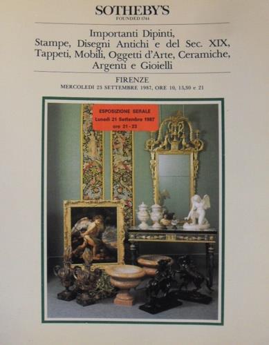 Sotheby's. Importanti dipinti, stampe, disegni antichi e del sec. XIX, tappeti, mobili, oggetti d'arte, ceramiche, argenti e gioielli - copertina