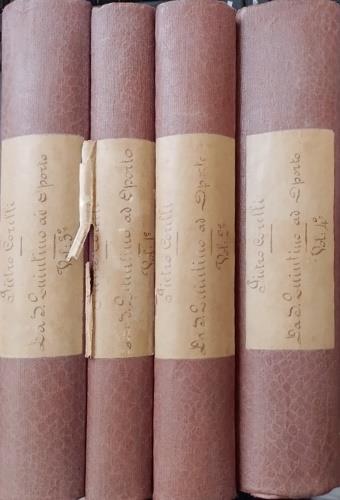 Da S. Quintino ad Oporto ossia gli eroi di Casa Savoia. Esemplare in 4 volumi, controllato delle tavole indicate in indice, 86 tavole. --Volume Primo: La corte di Spagna. Caterina de' Medici o la corte di Francia. I Piemontesi e Brissac. Maria d'Ingh - Pietro Corelli - copertina