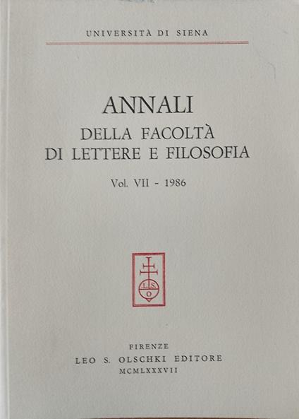 Annali della Facolt  di Lettere e Filosofia dell'Universit  di Siena. Volume VII 1986 - copertina