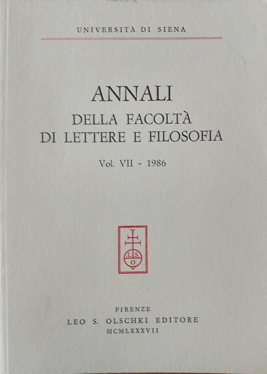 Annali della Facolt  di Lettere e Filosofia dell'Universit  di Siena. Volume VII 1986 - copertina