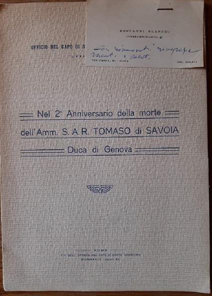 Nel 2' Anniversario Della Morte Dell'amm. S.A.R. Tomaso di Savoia Duca di Genova - copertina