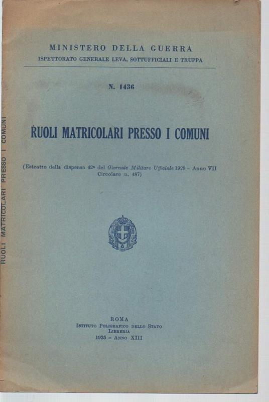 Ruoli Matricolari Presso I Comuni  - Ministero Della Guerra - copertina