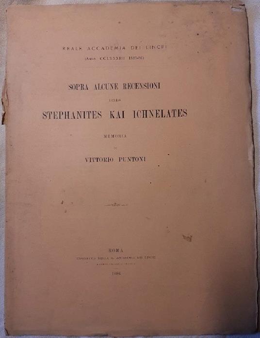 Sopra Alcune Recensioni Dello Stephanites Kai Ichnelates- Memoria - Vittorio Puntoni - copertina