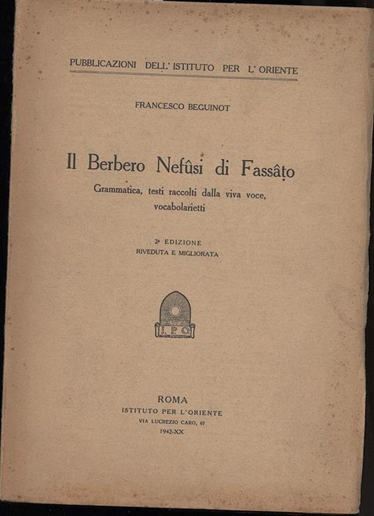 Il Berbero Nefusi di Fassato-grammatica, Testi Raccolti Dalla Viva Voce, Vocabolarietti - copertina