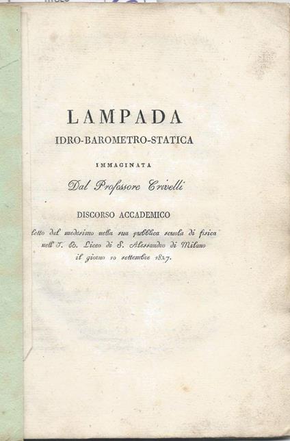 Lampada Idro-barometro-statica Immaginata Dal Professore Crivelli  - Crivelli - copertina
