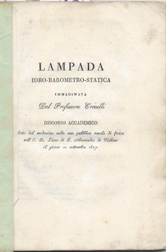Lampada Idro-barometro-statica Immaginata Dal Professore Crivelli  - Crivelli - copertina