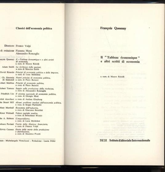Il "tableau Economique" e Altri Scritti di Economia - copertina