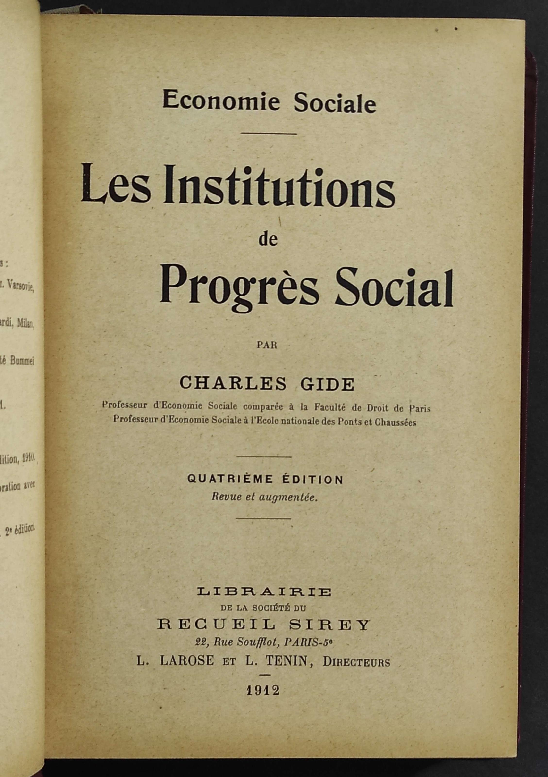 Les Institutions de Progres Social - C. Gide - Ed. Recueil Sirey
