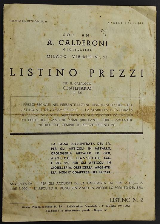 Listino Prezzi per il Catalogo N.36 - A. Calderoni Gioiellerie - copertina