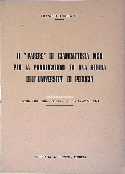 Il parere di Giambattista Vico per la pubblicazione di una storia dell'Università di Perugia - Francesco Duranti - copertina