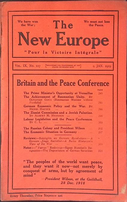 The New Europe. Vol.IX n.117, 9 january 1919. Britain and the Peace Conference - copertina