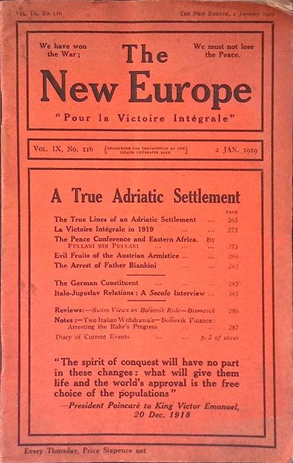 The New Europe. Vol.IX n.116, 2 january 1919. A True Adriatic Settlement - copertina