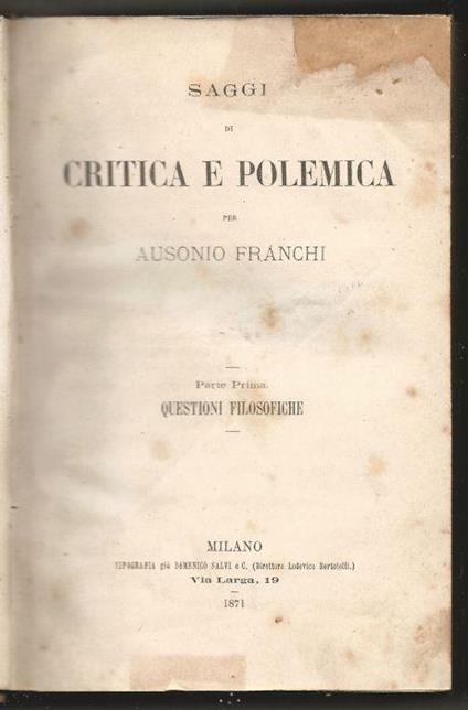 Saggi di critica e polemica - Ausonio Franchi - copertina