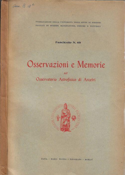 Osservazioni e memorie dell'Osservatorio Astrofisico di Arcetri Fascicolo 69 1954 - copertina
