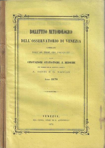 Bollettino meteorologico dell'osservatorio di Venezia anno 1870 - copertina
