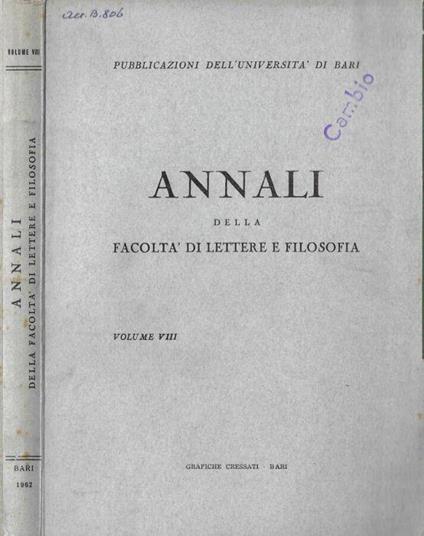 Annali della Facoltà di Lettere e Filosofia volume VIII 1963 - copertina