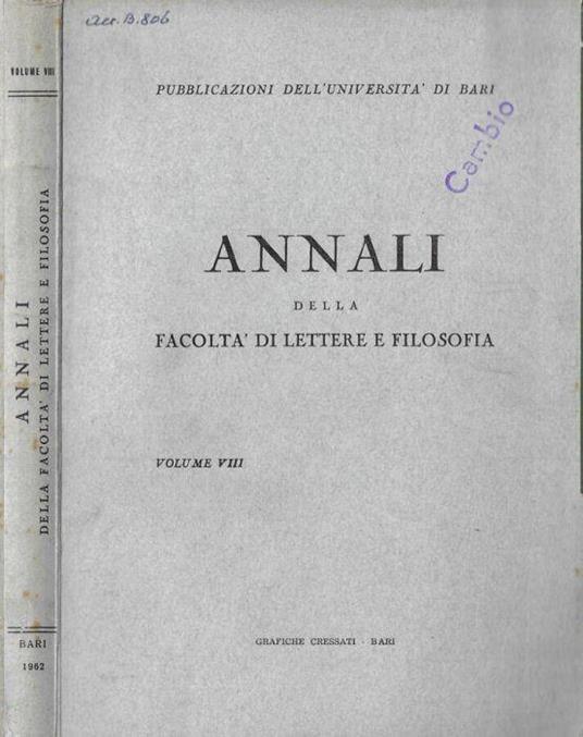Annali della Facoltà di Lettere e Filosofia volume VIII 1963 - copertina