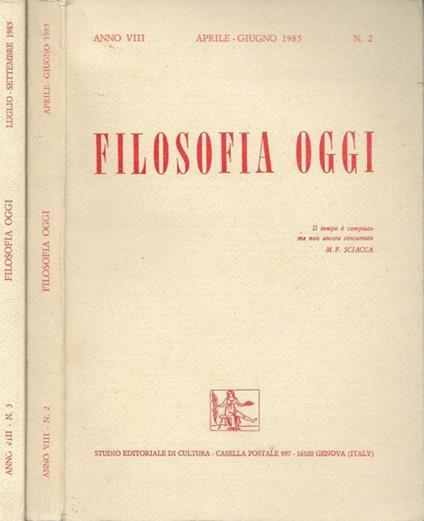 Filosofia oggi n.2,3 anno VIII 1985 - copertina