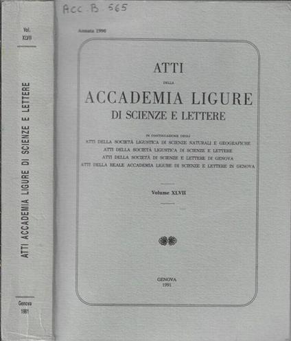 Atti della Accademia Ligure di scienze e lettere Volume XLVII 1990 - Luigi Brian - copertina
