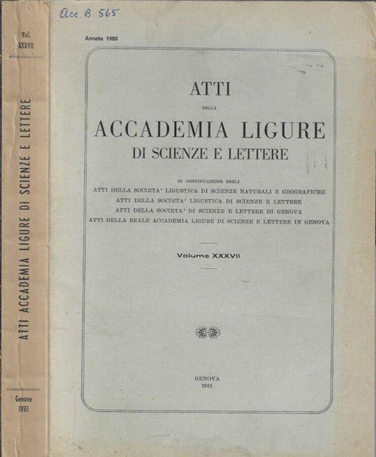 Atti della Accademia Ligure di scienze e lettere Volume XXXVII 1980 - Alfredo Obertello - copertina