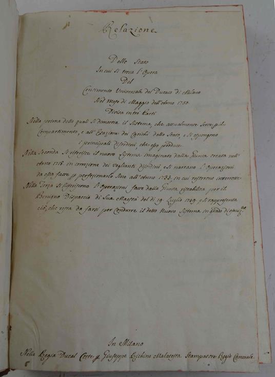 Relazione dello stato in cui si trova l'opera del censimento universale del Ducato di Milano nel mese di maggio dell'anno 1750… - copertina