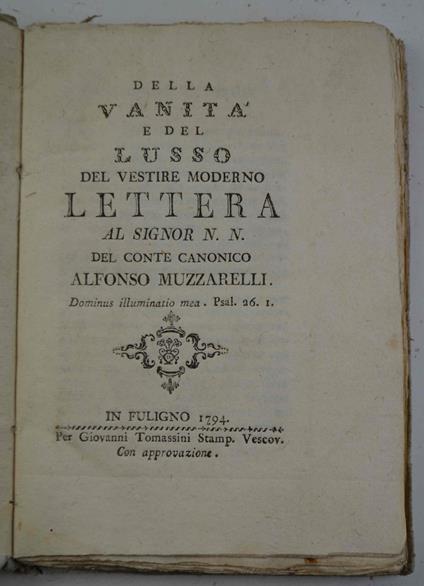 Della vanità e del lusso del vestire moderno. Lettera al signor N.N - Alfonso Muzzarelli - copertina