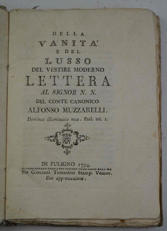 Della vanità e del lusso del vestire moderno. Lettera al signor N.N - Alfonso Muzzarelli - copertina