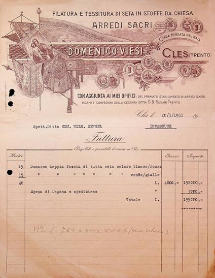 Filatura e tessitura di seta in stoffe da chiesa: arredi sacri: Domenico Viesi: Cles (Trento): fattura - copertina