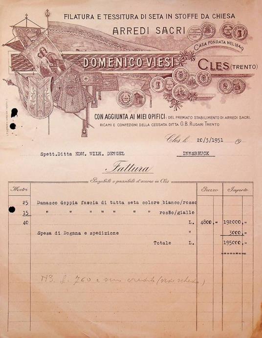 Filatura e tessitura di seta in stoffe da chiesa: arredi sacri: Domenico Viesi: Cles (Trento): fattura - copertina
