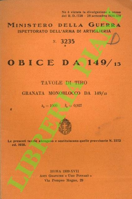 Obice da 149/13. Tavole di tiro. Granata monoblocco da 149/13 - copertina