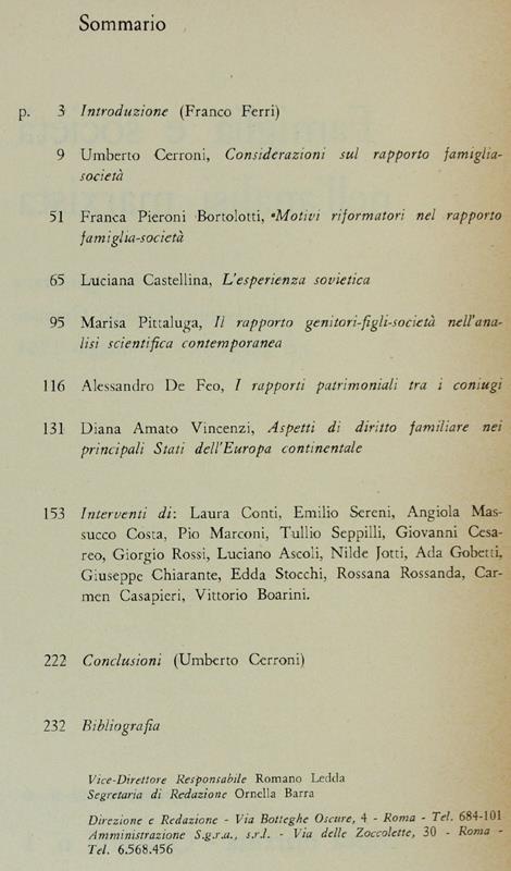 FAMIGLIA E SOCIETA' NELL'ANALISI MARXISTA.  Atti del Seminario Gramsci, 14-15 maggio 1964. - Autori vari. - Critica Marxista, Quaderno n.1, Suppl. al n. 6, - 1964