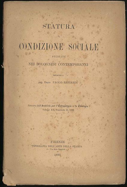 Statura e condizione sociale studiate nei bolognesi contemporanei - Paolo Riccardi - copertina