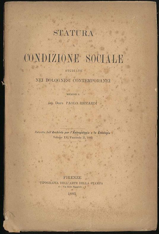Statura e condizione sociale studiate nei bolognesi contemporanei - Paolo Riccardi - copertina