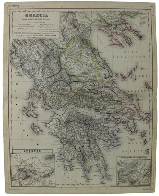 GRAECIA. Atlas Antiquus - Large color map of Greece with hand watercolored borders & principal features - Kiepert Henrico - Reimer - copertina