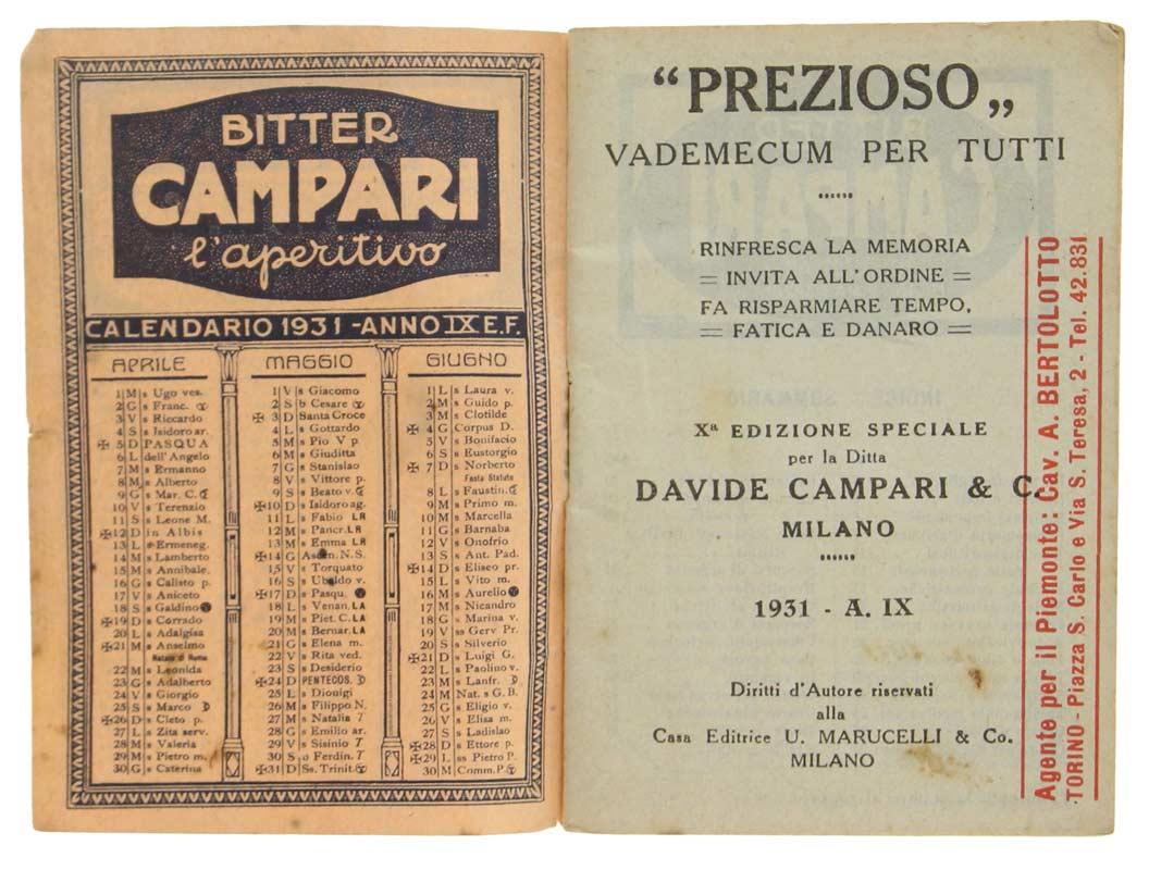 PREZIOSO - VADEMECUM PER TUTTI. Rinfresca la memoria - invita all'ordine - fa risparmiare tempo - fatica e denaro. Calendario 1931 - IX E.F