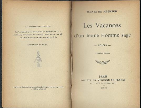 Les Vacances D'un Jeune Homme Sage - Henri de Régnier - copertina