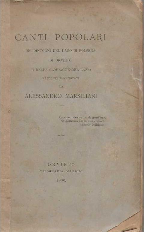canti popolari dei dintorni del lago di Bolsena di Orvieto e delle campagne del Lazio - Alessandro Marsiliani - copertina