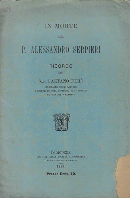 In morte del P. Alessandro Serpieri - copertina