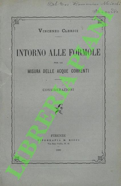 Intorno alle formole per la misura delle acque correnti. Considerazioni - Vincenzo Crisci - copertina