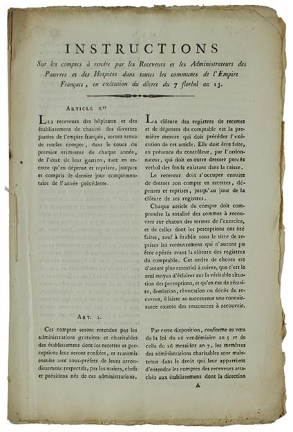 Instructions Sur Les Comptes A Rendre Par Les Recevreurs Et Les Administrateurs Des Pauvres Et Des Hospices Dans Toutes Les Communes De L'Empire Français, En Exécution Du Décret Du 7 Floréal An 13 - copertina