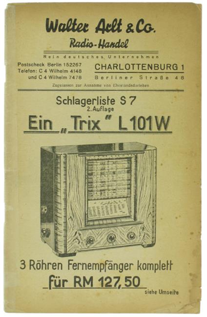 Walter Arld & Co. Radio-Handel. Schlagerliste S 7 - copertina