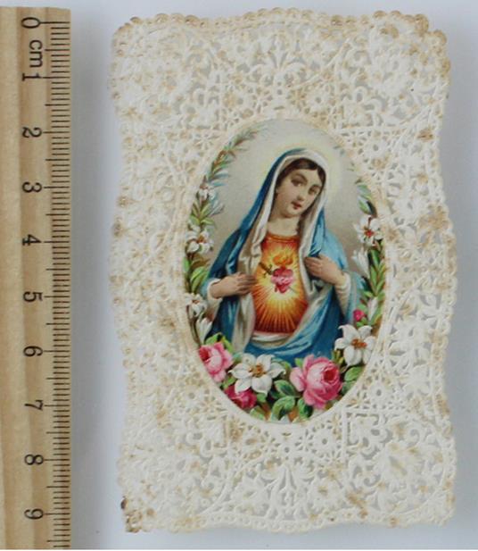 Santino: VERGINE CON CUORE IMMACOLATO E CORNICE DI FIORI vintage (1880 ca) - copertina