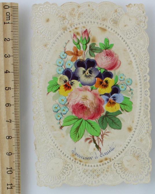 Biglietto / santino SOUVENIR D'AMITIE'. Cromolitografia ovale, cornice trinata - copertina