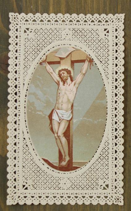 Santino vintage: CRISTO IN CROCE Cromolitografia, cornice trinata - copertina