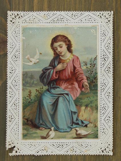 Santino: GESU' BAMBINO E COLOMBI. Cromolitografia, cornice trinata - copertina