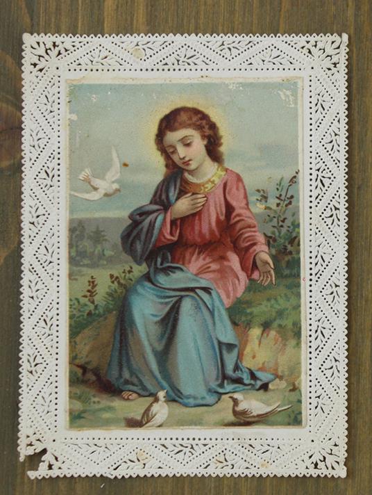 Santino: GESU' BAMBINO E COLOMBI. Cromolitografia, cornice trinata - copertina