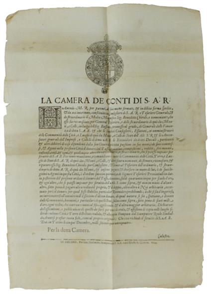 CAMERA DE' CONTI DI S.A.R. Hauendo M.R.  per patenti, di sua mano firmate, & in debita forma spedite, & da noi interinate, constituito in Consigliere di S.A.R. e Tesoriere Generale, & de straordinario il Molto magnifico sig. Benedetto - Carlo Emanuele III - copertina