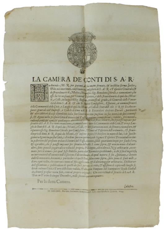 CAMERA DE' CONTI DI S.A.R. Hauendo M.R.  per patenti, di sua mano firmate, & in debita forma spedite, & da noi interinate, constituito in Consigliere di S.A.R. e Tesoriere Generale, & de straordinario il Molto magnifico sig. Benedetto - Carlo Emanuele III - copertina
