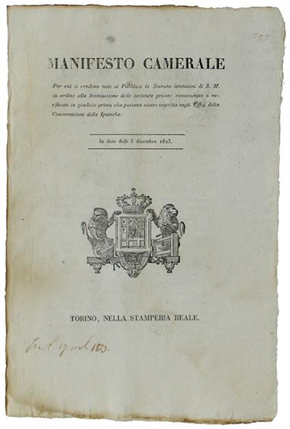 MANIFESTO CAMERALE Per cui si rendono note le Sovrane intenzioni in ordine  alle ipoteche ...5 dicembre 1823  [documento originale] - copertina